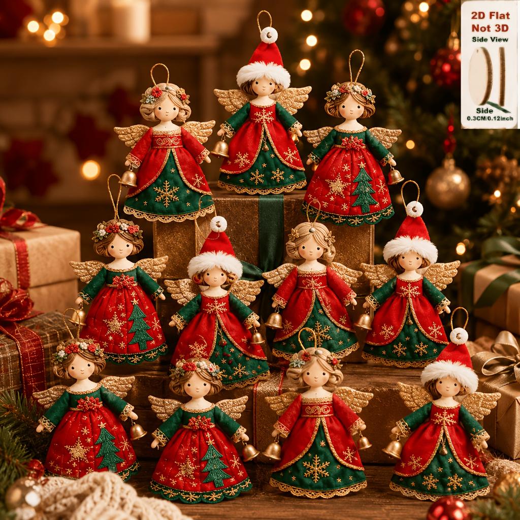 30pcs Christmas Angel Ornament Set Features Classic Red, Green, And Golden Holiday Colors, Paired with Golden Wings, Bells, Santa Hats, Wreaths