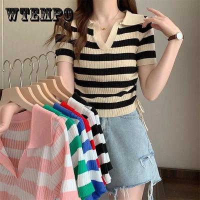 Women's Stripe Polo Neck Knitted Blouse Tops Office Ladies Fashion Casual Tight Short Sleeve Top Tshirt Female Chic Outfit