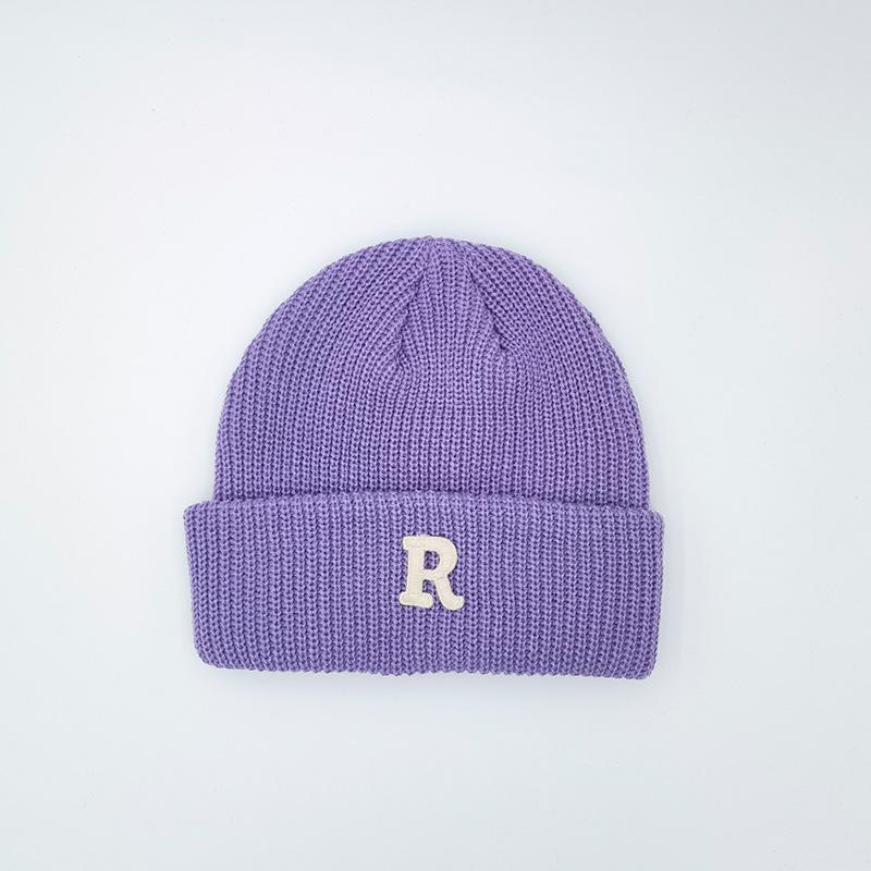 R mark Knitted Hat for Women's Letters In Autumn and Winter Thickened Pure Color Couple Warm Ear Protection Cold Hat for Men's Wool Hat