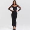 Fashion Ins Sexy V-neck Low-Cut Mesh Long Sleeves Silm Hip Split Dress Sexy See-through Waist-Slimming Long Dress