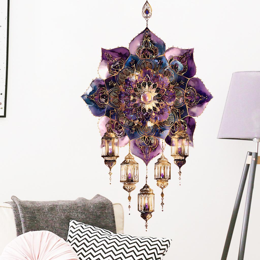 Lotus Mandala with Vintage Stars and Moon Wall Sticker Self-Adhesive Removable for Bedroom Living Room Entryway Home Decor