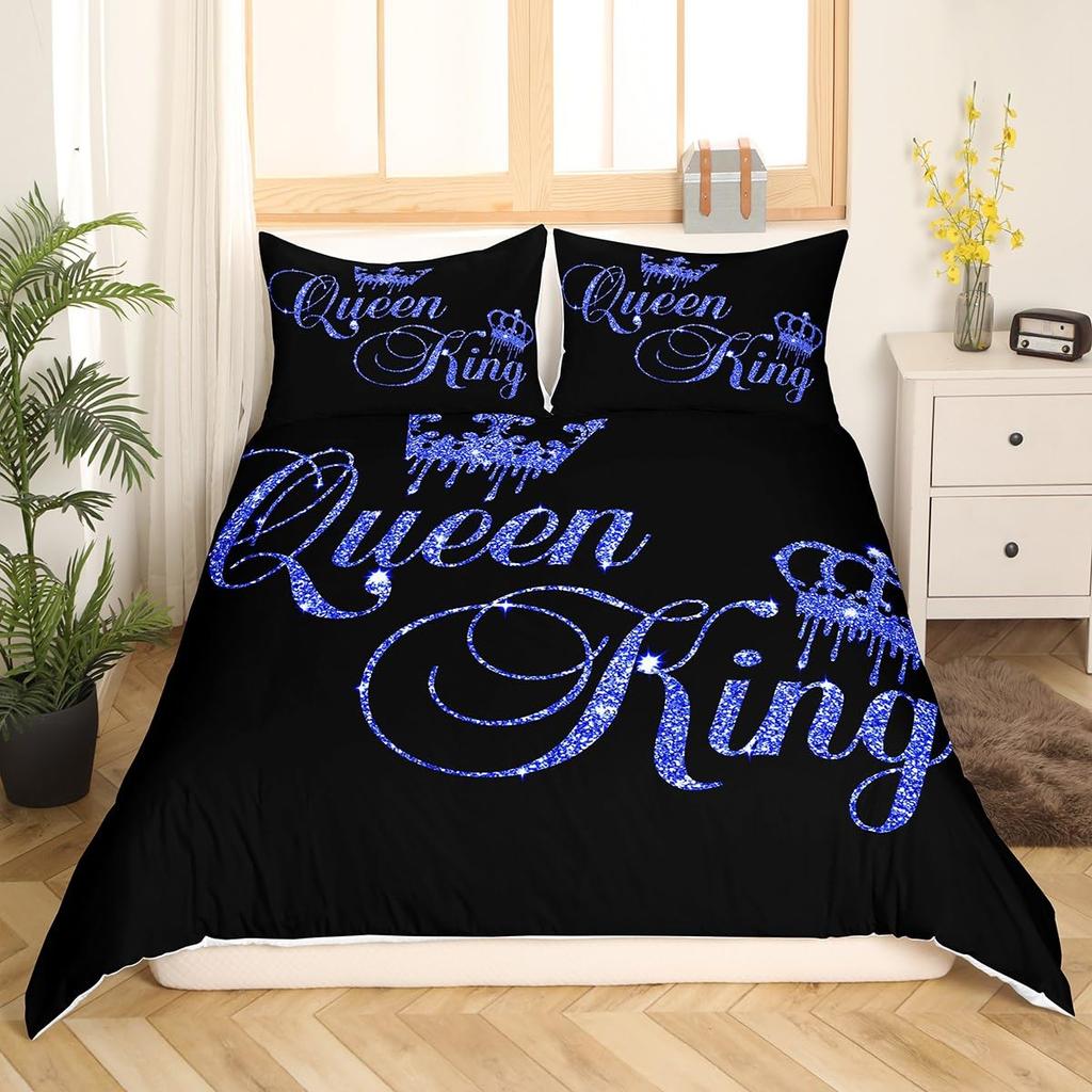 Crown Queen and King Couple Duvet Cover His and Hers Bedding Set Pink Comforter Cover Lover Romantic Valentine's Day Quilt Cover