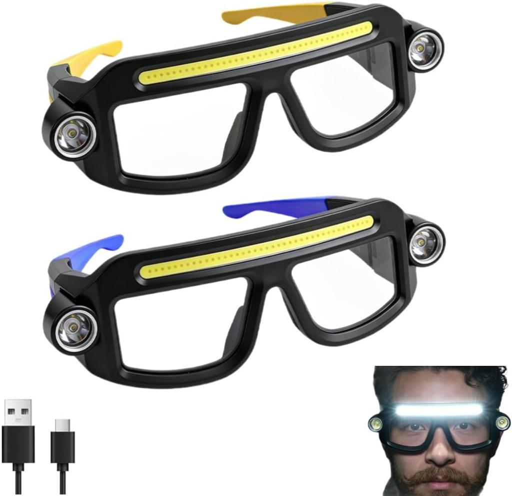 Rechargeable LED Headlamp Glasses, Safety Glasses with Light, 5 Modes USB-C Rechargeable Head Light for Running Camping Fishing Cycling Repair Work