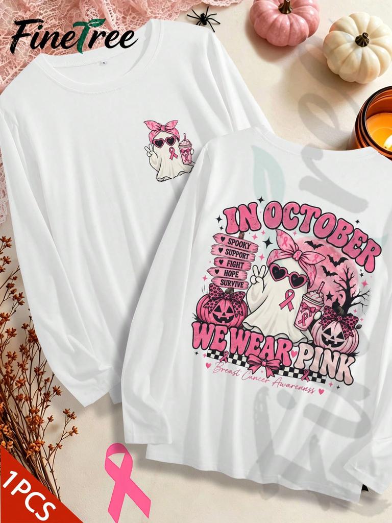Cute Ghost Pumpkin Pink Ribbon Shirt October Breast Cancer Awareness Long Sleeve Top