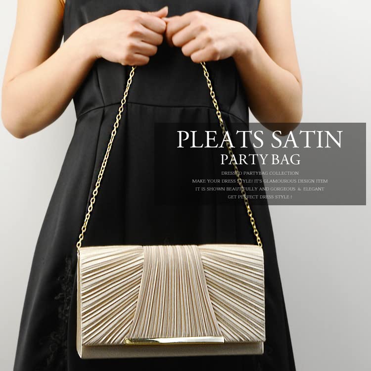 Party Bag for Weddings, Black Clutch, Women's 2-Way Gold Point Pleated Satin Clutch Bag with Long Chain (Silver)