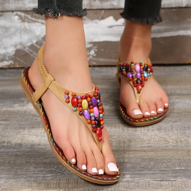 Sandals women's summer new beach shoes herringbone beaded flat sandals large size women's sandals