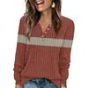 Women's Fashion V-Neck Button-Front T-Shirt With Striped Patchwork Print Long-Sleeved Top