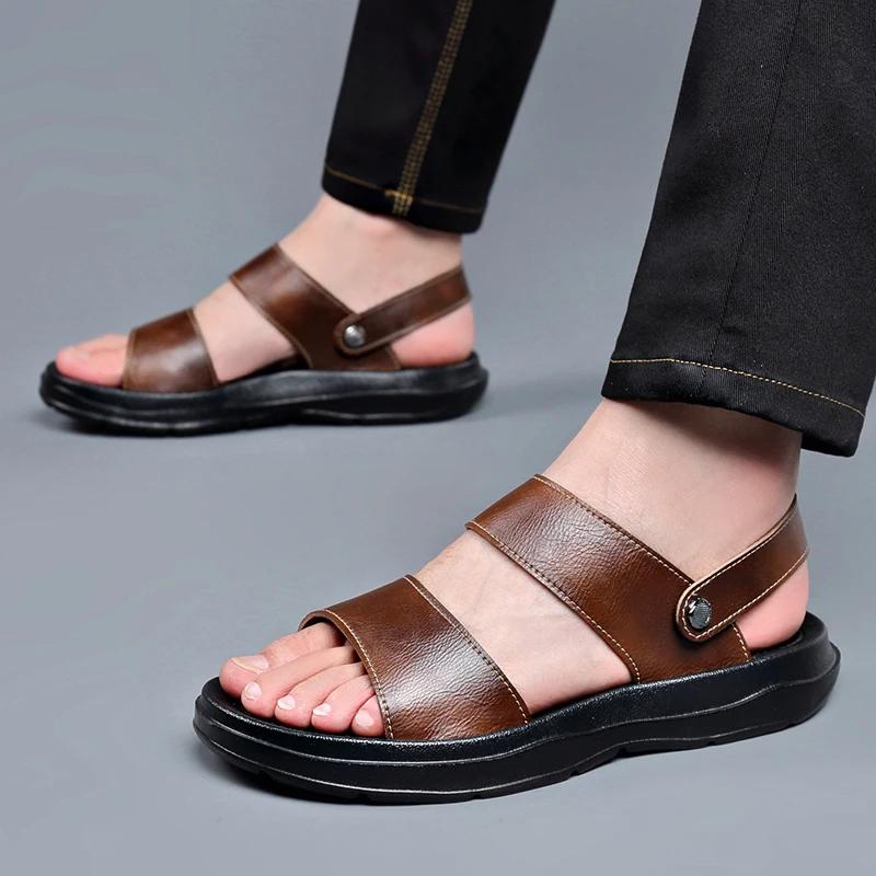 Fashion Quality Handmade Flats Summer Sandals Breathable Leather Outdoor Men Sandals Antiskid Beach Sandal Luxury Dual-purpose Slippers