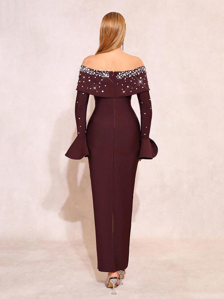 European and American Style Beaded Sequin One-Shoulder Bandage Evening Gown
