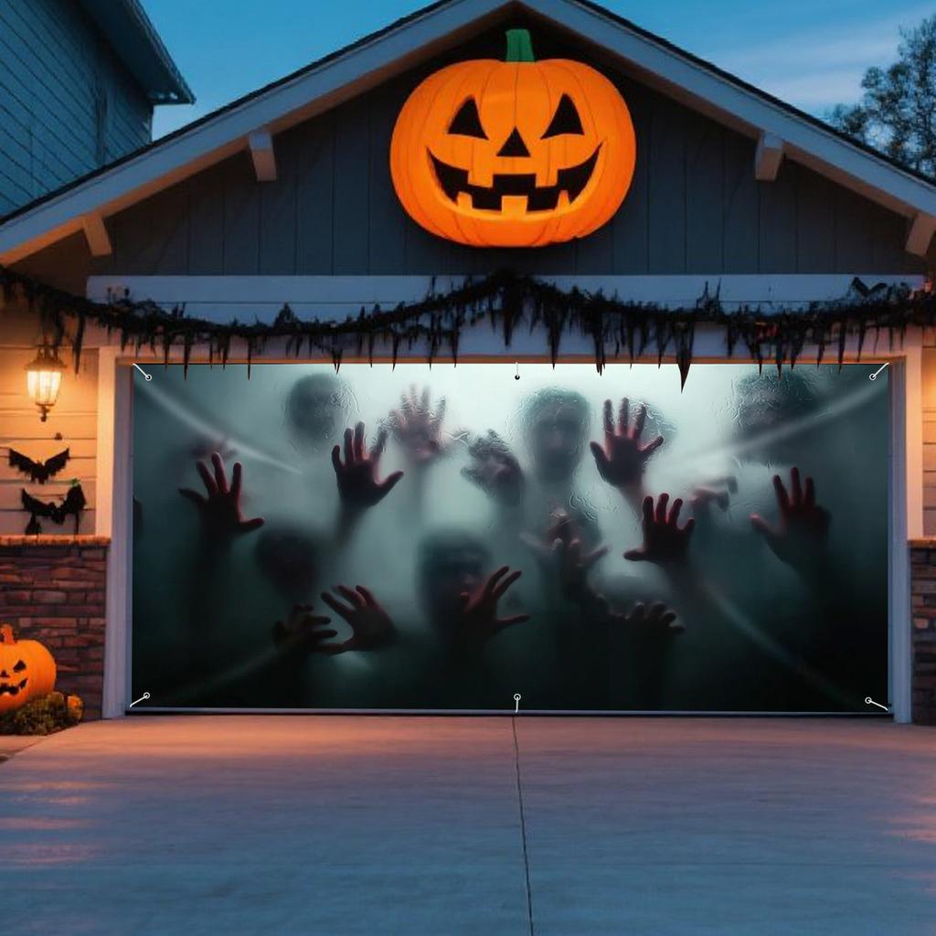 [2D Flat Printing] 1 piece of eerie atmosphere ghost hand - Halloween garage door banner, extra-large size fabric wall DJH