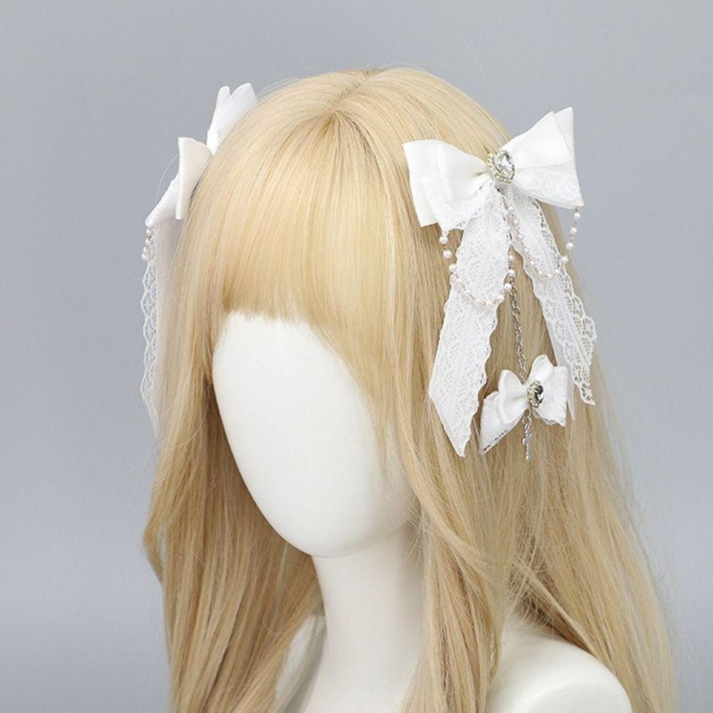 Lace Design Gothic Hair Clips Rhinestone Decoration Chain Detail Rhinestone Hair Accessories Cross Pendant Bow Shape