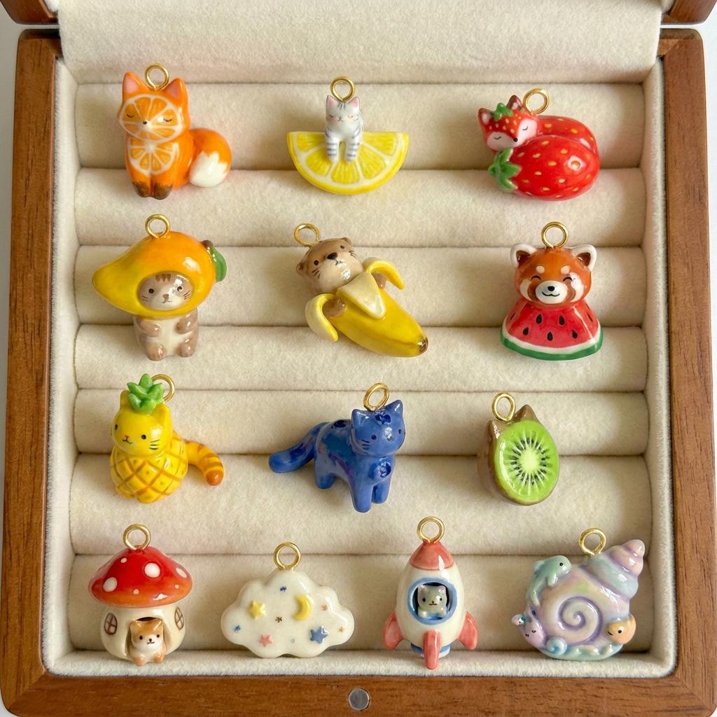 Nordic Style Healing Animal Fruit Series: Fox, Lemongrass, Strawberry, Mango, Cute Cat Pendant DIY Jewelry Accessories