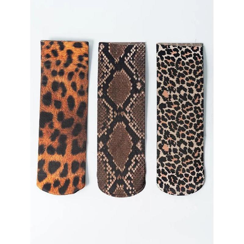 3 Pairs Leopard Large Flower Print Short Socks Summer Single Shoes Stockings High Elastic Comfortable Breathable Casual