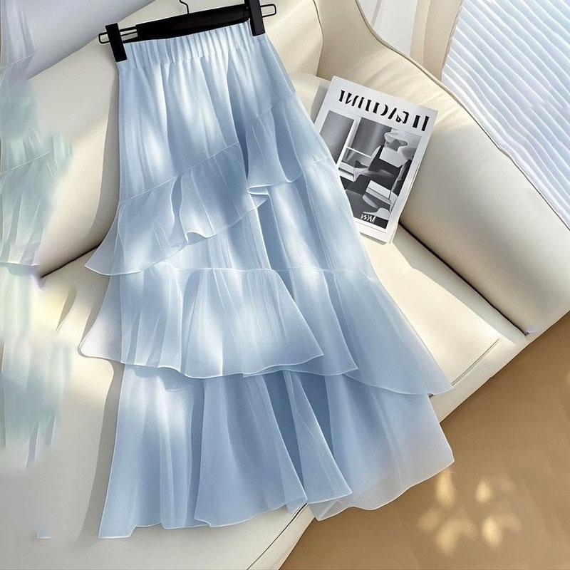 Women's Unique Beautiful Tiered Skirt Elegant High Waisted Blue Chiffon A Line Half Skirt