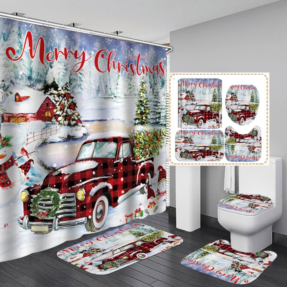 Merry Christmas Bathroom 4Pcs Set Snowman Santa Claus Pattern Waterproof Shower Curtain Toilet Cover Mat Non Slip Rug Home Decor