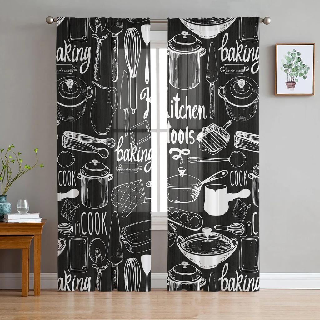 Kitchen Utensils Shelf Sheer Curtains for Living Room Bedroom Decoration Chiffon Tulle Voile Kitchen Window Curtain