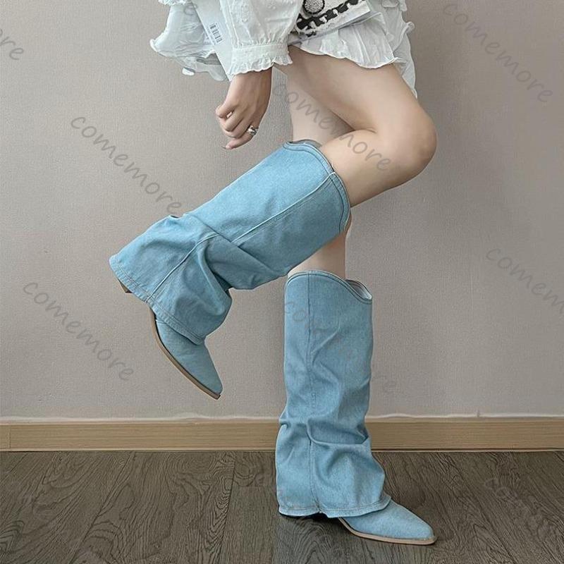 Fashion Comemore Women Pleats Blue Denim Mid-calf Boots Autumn Thick Heeled Pointed Toe Cowboy Botas Woman Slip On Western Long Boots