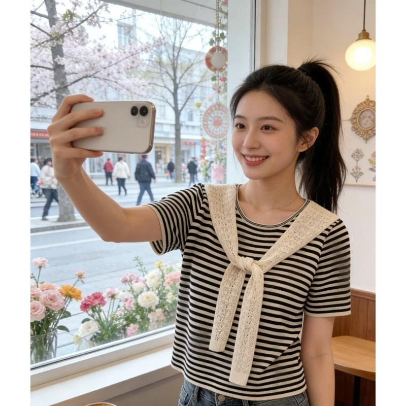 

Spring and Summer New Style Striped Short-Sleeved Knitwear with Shawl - Chic and Loose Fit for Slimming Effect One size абрикосовий