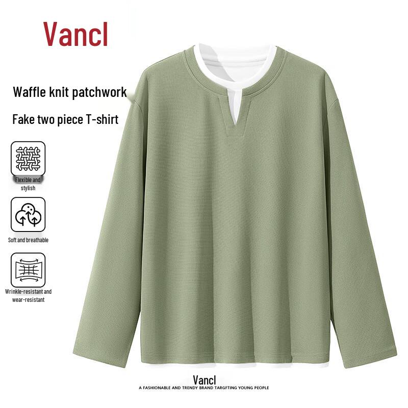 VANCL Men's Waffle V-Neck Faux Two-Piece Long Sleeve T-Shirt