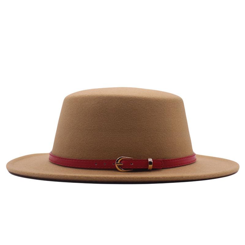 Hat Women's Woolen Top Hat Autumn and Winter Solid Color Retro Gentleman British Style Flat Top Belt Accessories Felt Hat