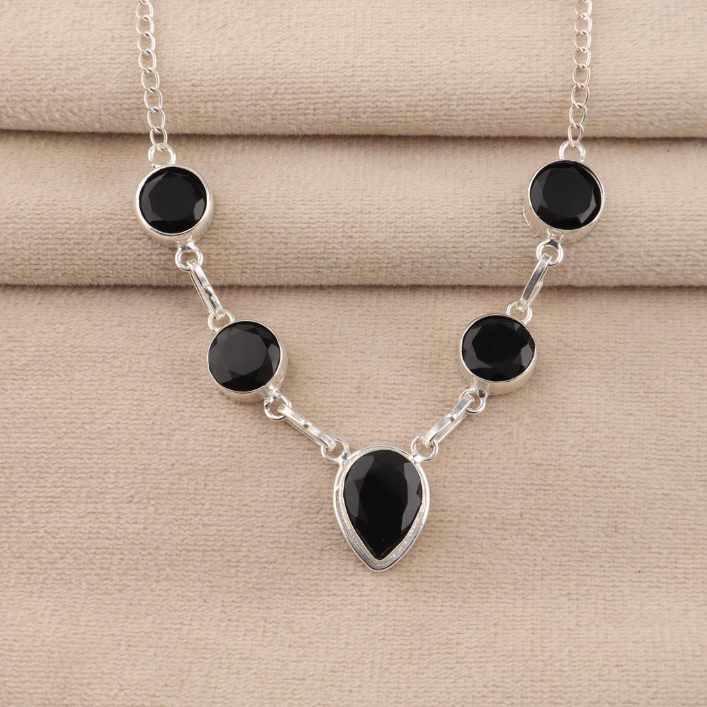 Collana d'Argento con Pietra di Onice Nera 16-18", Gioielli in Argento Sterling 925, Gioielli Mese di Nascita Luglio, Collana da Matrimonio in Onice Per Lei RN-3-22