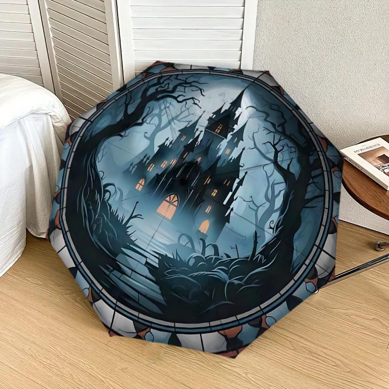 1pc Haunted Castle Stained Glass Umbrella with Plastic Handle,Suitable for All Seasons Home Travel Outdoor UmbrellaDD1316