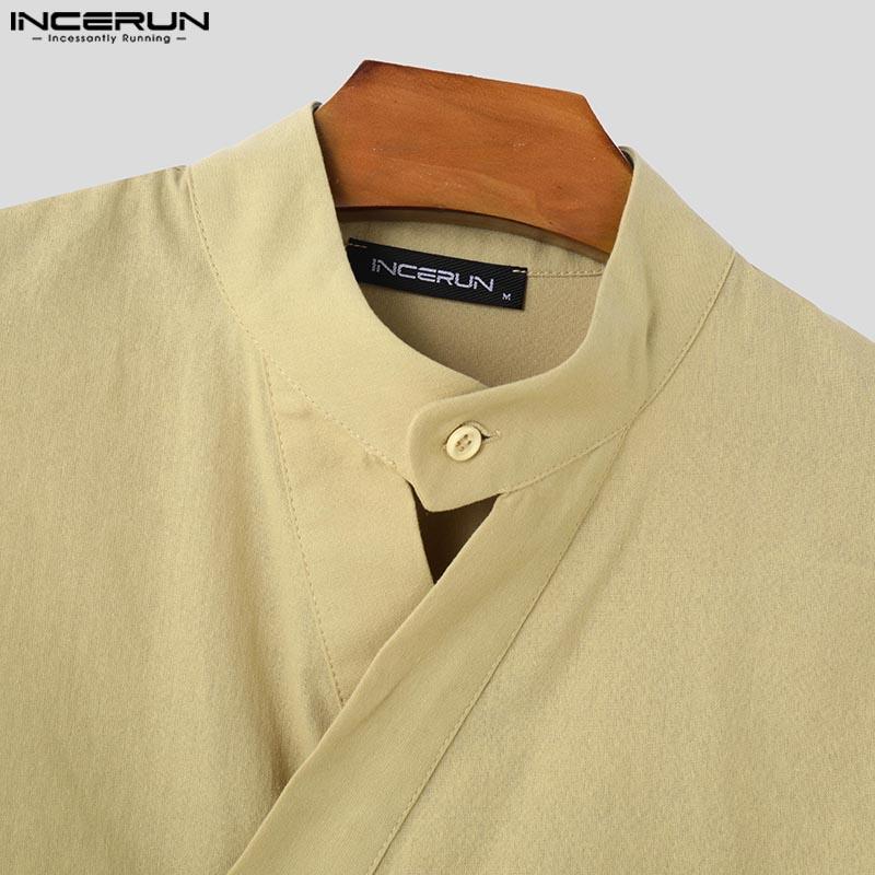 INCERUN Men Long Sleeve Front Cross Casual Irregular Tops Shirts