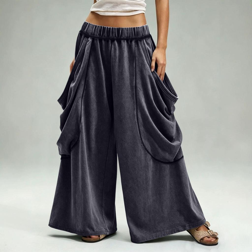 Women's Fashion Wide Leg Pants with Elastic Waist and Large Pockets, Color Loose Fit Casual Trousers