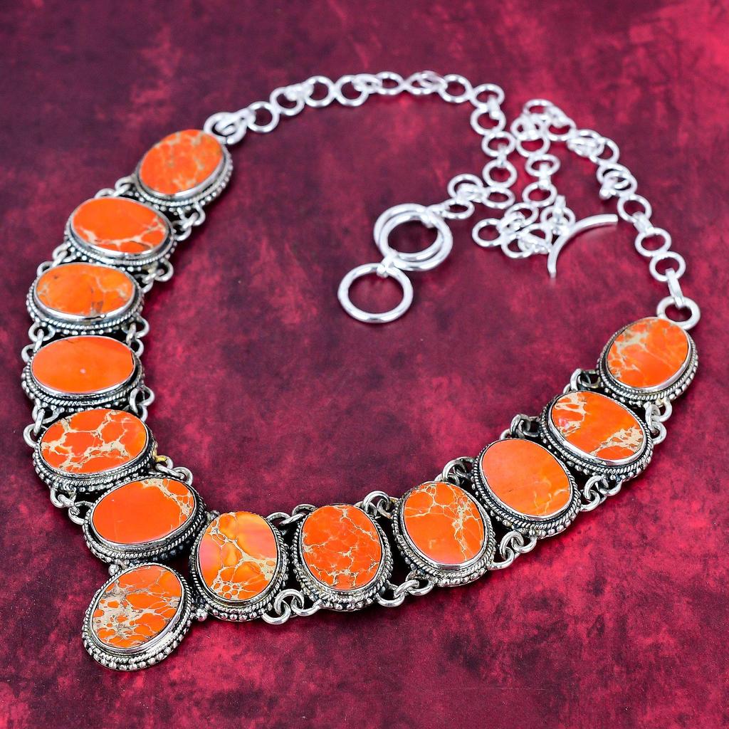 Orange Sea Sediment 925 Solid Sterling Silver Necklace with Adjustable Chain, Handmade Gemstone Jewelry Necklace For Memorial Day