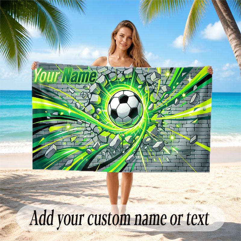 Soccer Theme Beach Towel Personalized Custom Name & Text Soft Quick Dry Beach Towel for Swimming Travel