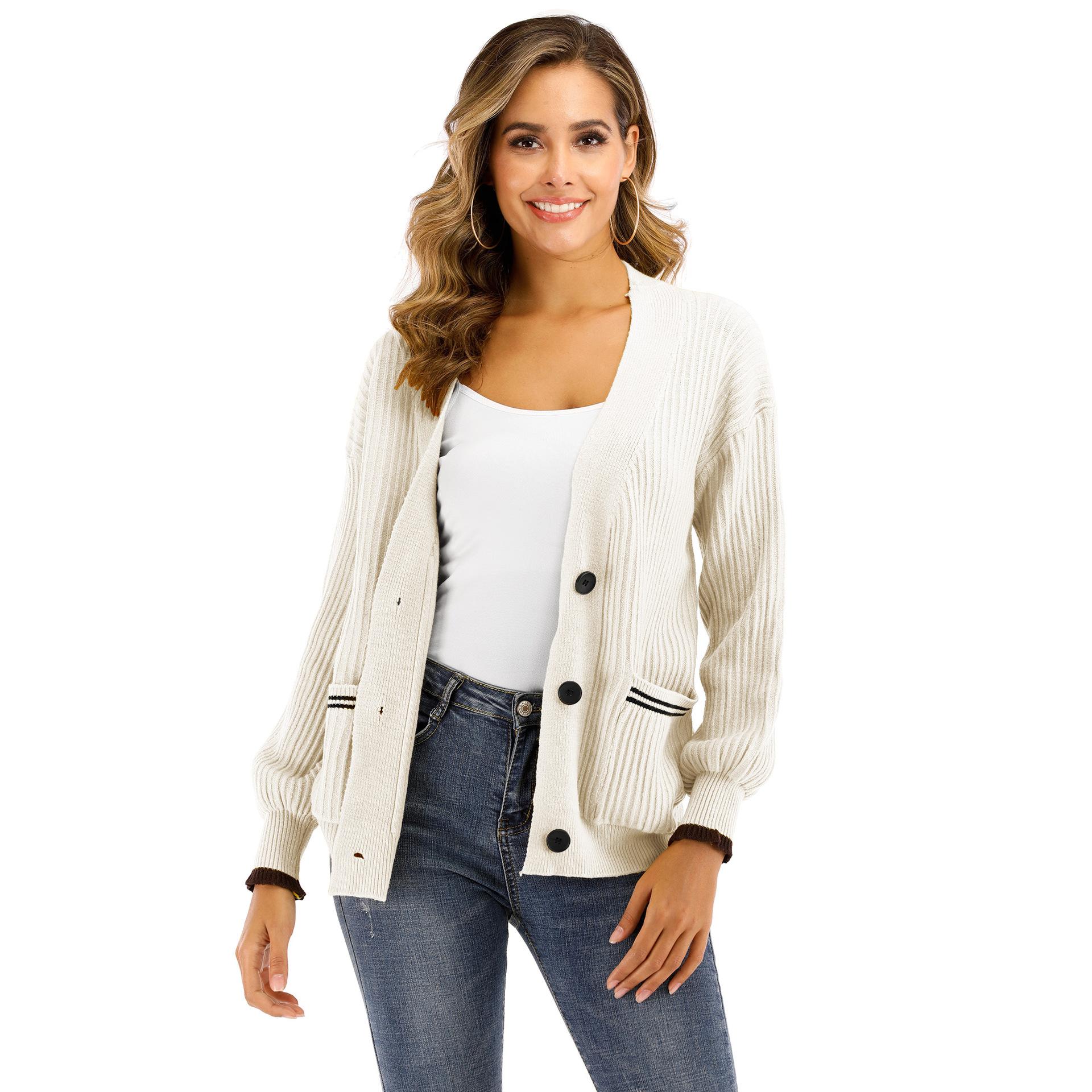 

Осенне-зимний женский тканый однобортный повседневный джемпер с V-образным вырезом и длинными рукавами One Size бежевый