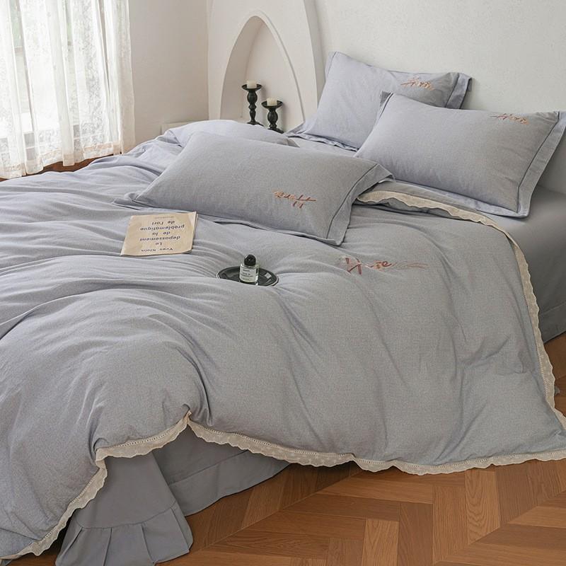 100% Cotton Brushed Bedding Set French Lace Embroidered Soft Breathable All Season Bed