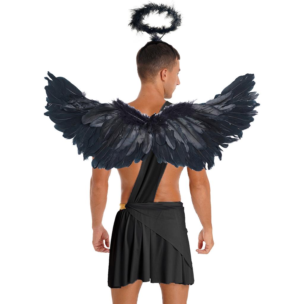Mens Halloween Angel Costume One Shoulder Strap Ruffle Skirt Feather Angel Wings Hair Hoop Set