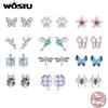 925 Silver Mini Flower Butterfly Bird Bee Stud Earrings Rainbow Moonstone Kitty Cat Ear Studs Girl Party Jewelry
