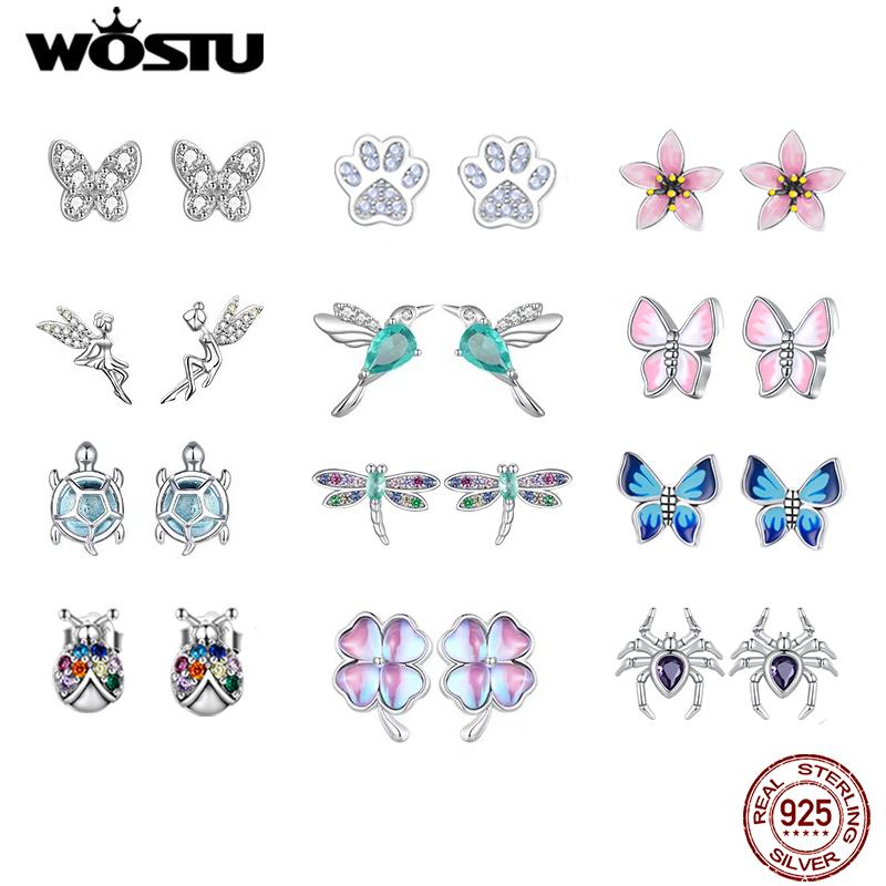 925 Silver Mini Flower Butterfly Bird Bee Stud Earrings Rainbow Moonstone Kitty Cat Ear Studs Girl Party Jewelry