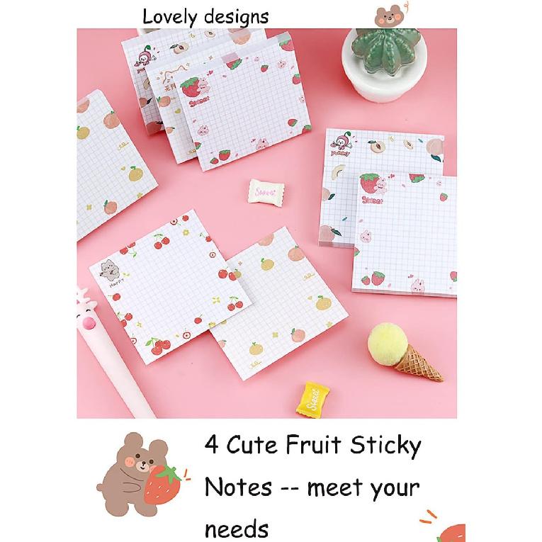 4 Pack Cute Sticky Notes Kawaii Sticky Notes Memo Pad 3.1x3.1 Inches Self-Stick Note Pads Colorful Fruit Sticky Note Pads for Girls DIY Office Home