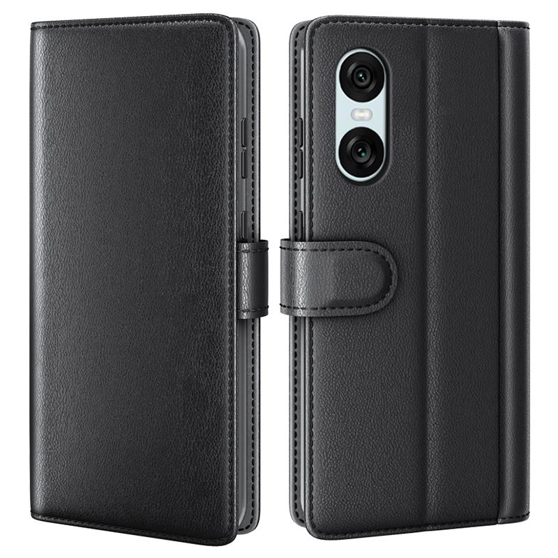 

For Sony Xperia 10 VI Case Genuine Split Leather Phone Cover with Wallet Stand Black