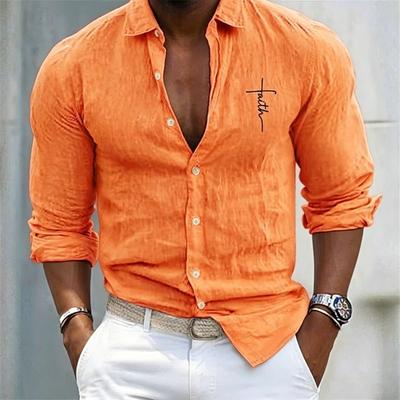 Men's Casual Linen-Like Shirt, 'Faith' Print, Roll-Up Long Sleeve, Button Down, Loose Fit, Beach & Daily Tops