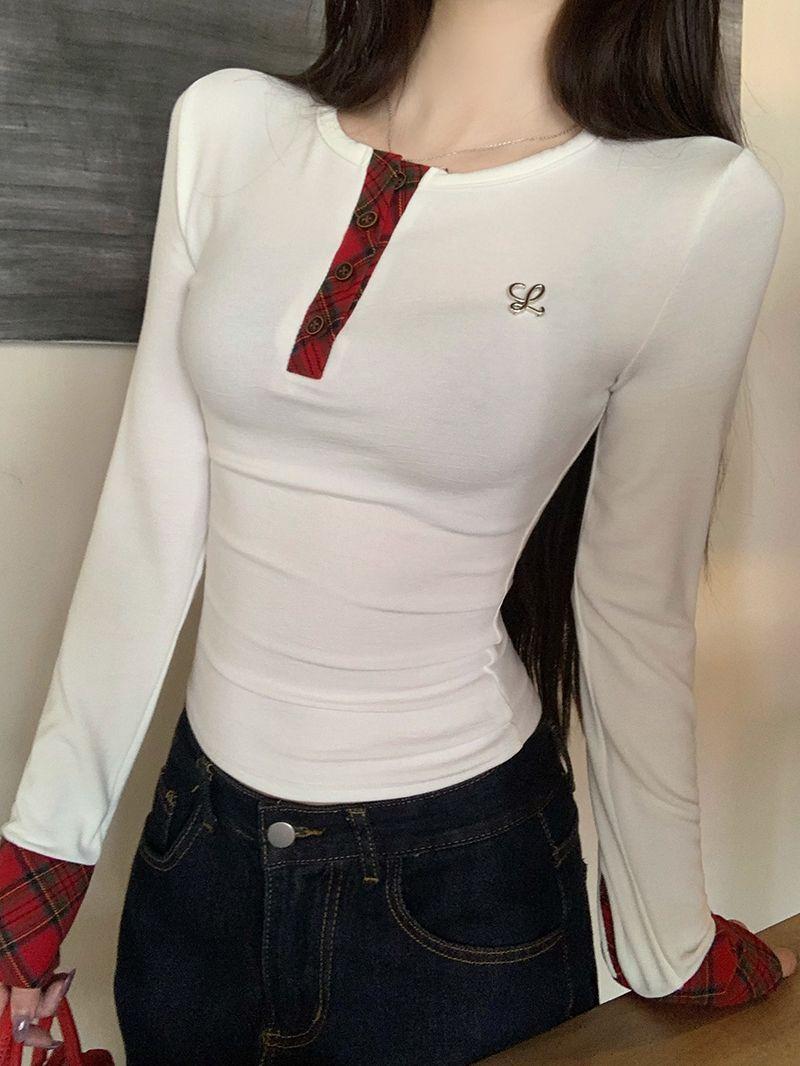 

Корейские дизайнерские клетчатые футболки женские осенне-зимние лоскутные футболки с длинным рукавом винтажные топы с круглым вырезом в стиле 2000-х годов XL белый