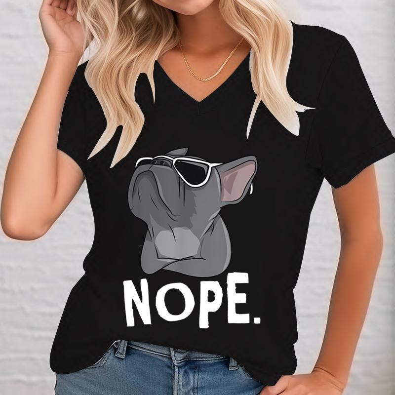 Summer V-neck 3D Printed Bulldog Graphic Top Fashionable Casual Short Sleeved Women's T-shirts