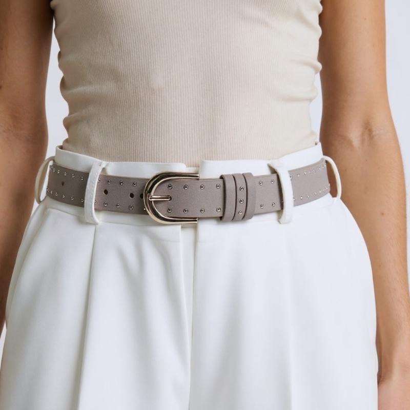 Unisex Solid Color Jeans Belt Studded Accents Adjustable PU Leather Fashion Accessory With Metal Buckles