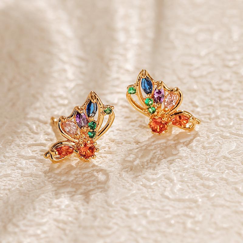Gold Plated Colorful Zircon Butterfly Design Delicate Small Niche Stud Earrings разноцветный