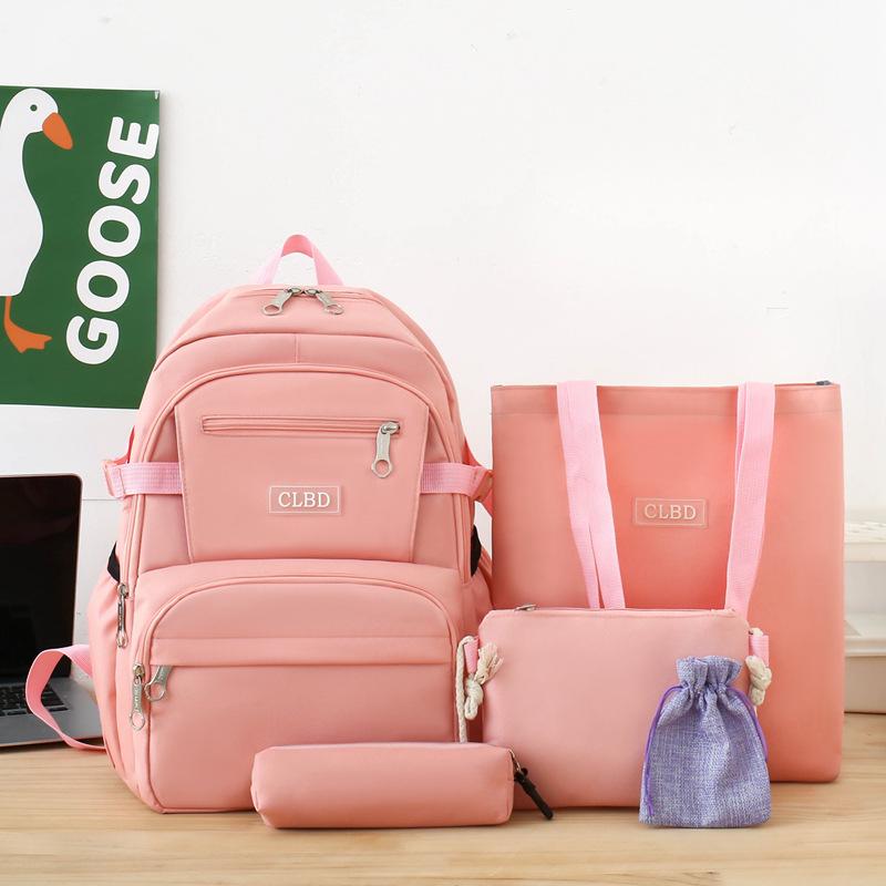 5pcs Elementary School Five Piece Backpack High School Students Large Capacity Multi Pocket Multi Functional Backpack Solid Canvas Leisure Bag