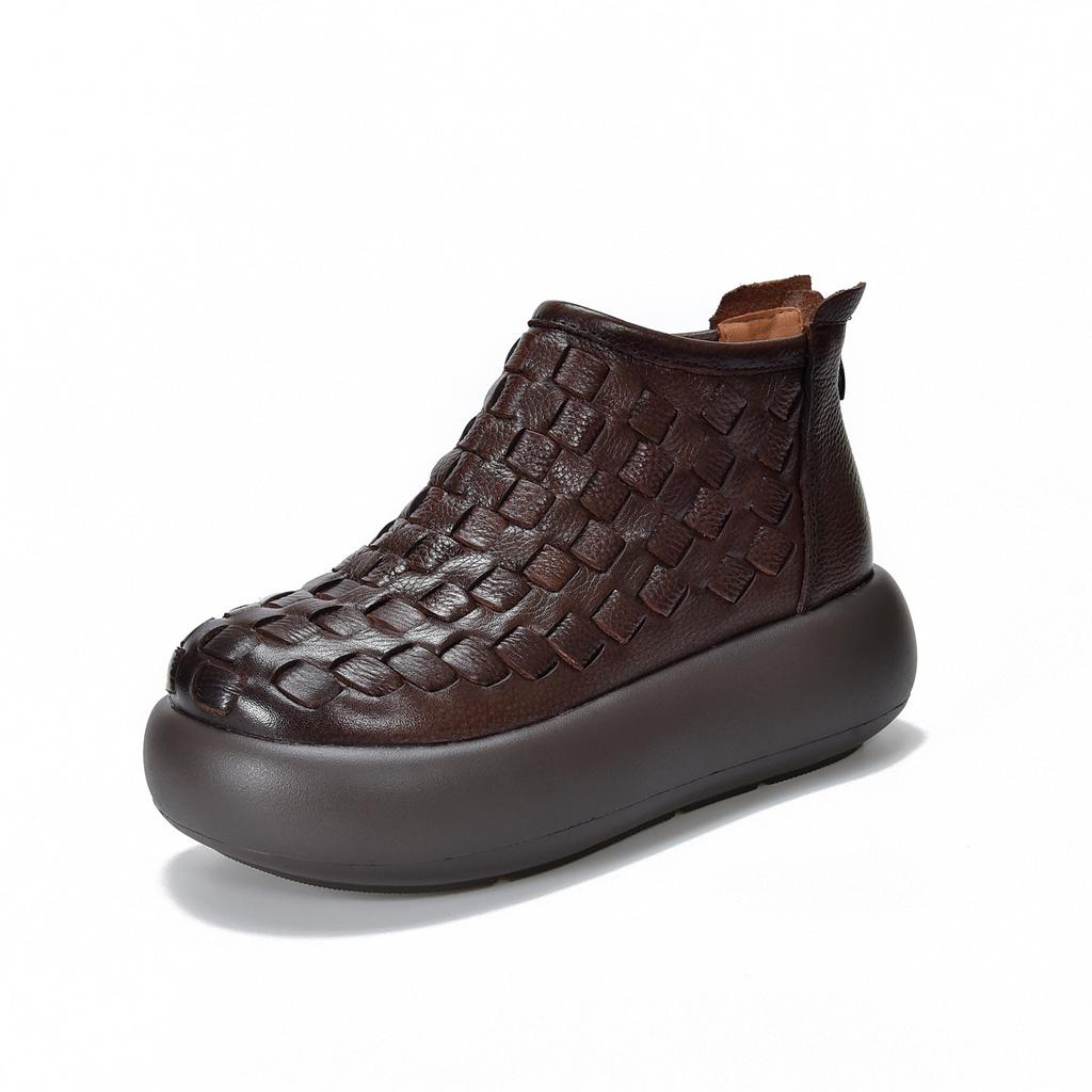 Johnature Retro Handmade Woven Genuine Leather Ankle Boots Women's Platform Shoes