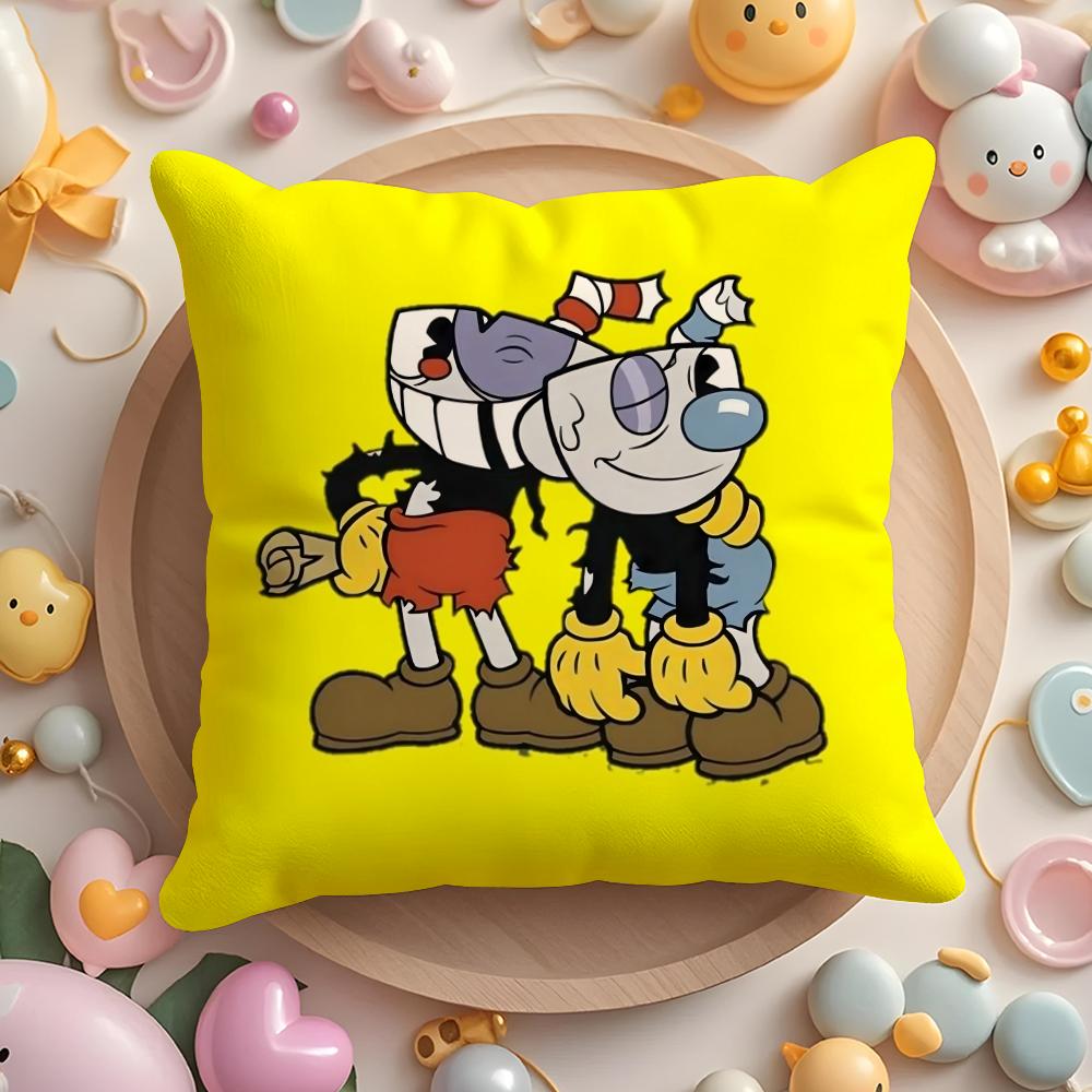 Classic Cute Game C-Cuphead Cushion Cover Plush Fabric Soft Double-Sided Printed Sofa Pillow Case Colorfast Home Decor Gift
