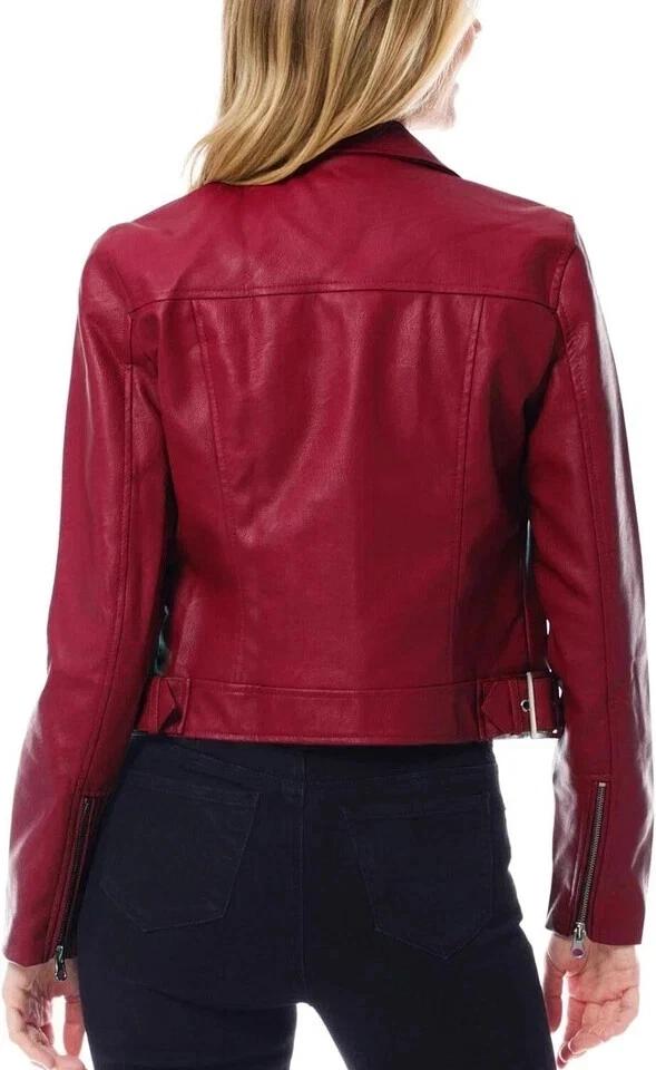 Nueva Chaqueta Elegante de Mujer Borgoña de Piel de Cordero Genuina Chaqueta Biker de Cuero Suave