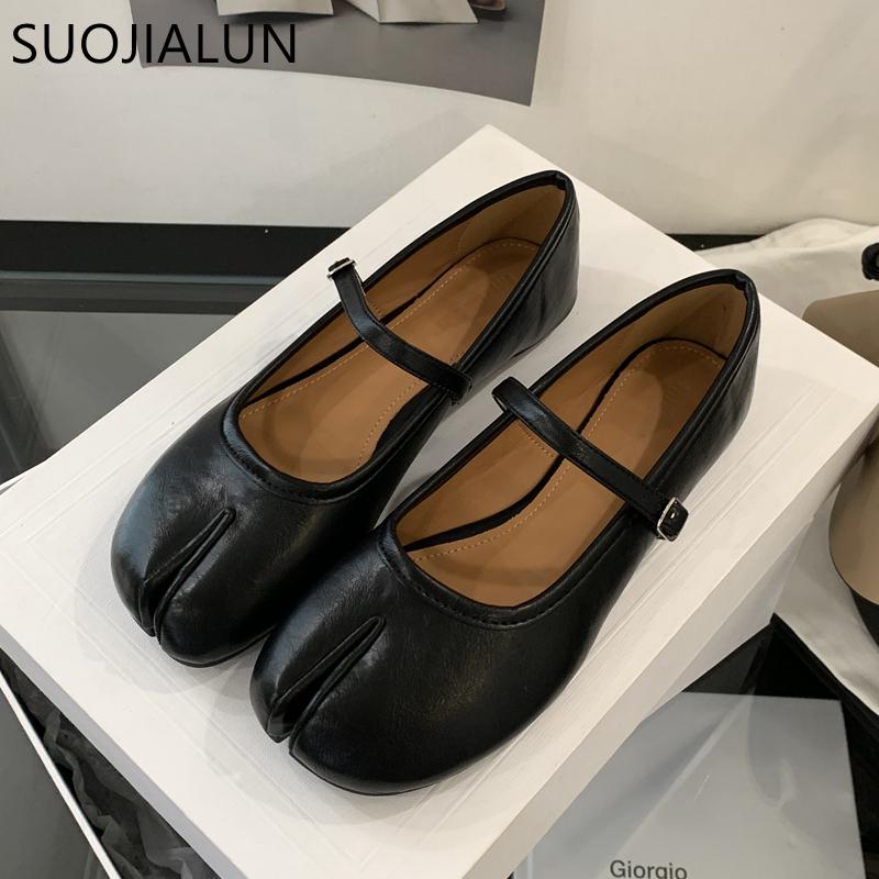 Fashion SUOJIALUN 2025 Autumn Women Flat Shoes Fashion Split Toe Slip On Mary Jane Ballet Shoes Soft Flat Heel Outdoor Casual Single Sh