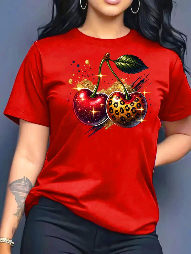 2026 Summer New Round Neck Short Sleeve Women Top Fashion Casual Loose Apple Print Simple Versatile T-Shirt Women Clothes