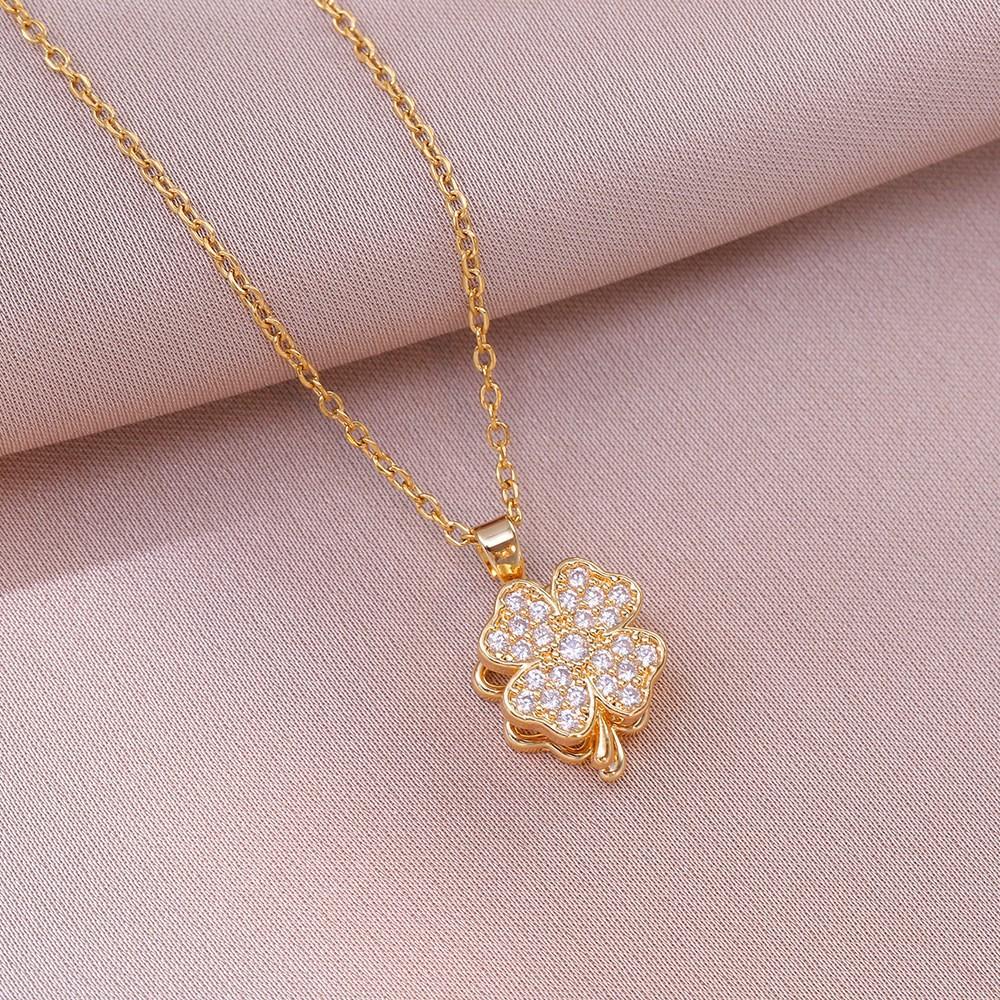 Shiny Zircon Rotating Flower Pendant Gold Plated Stainless Steel Chain Women Trendy Fashion Jewelry Necklace Factory Direct