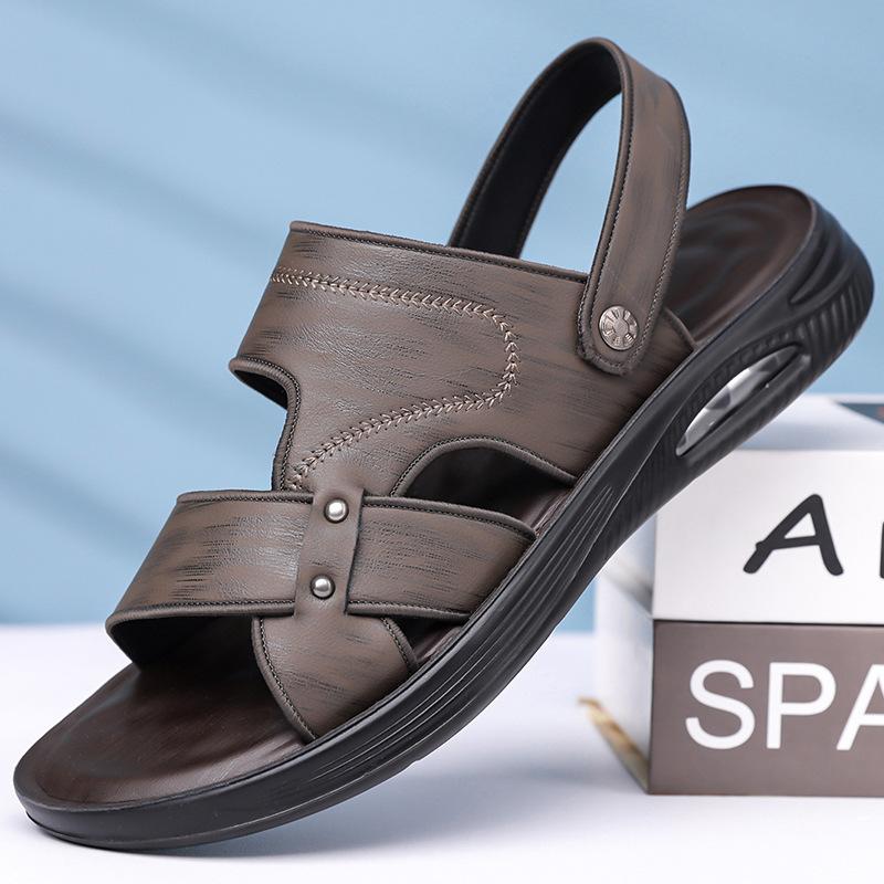 Fashion Solid Color Leather Sandals for Men Fashion Casual Sports Beach Shoes Male Dual-use Summer New Designer Slipper Shoes Man